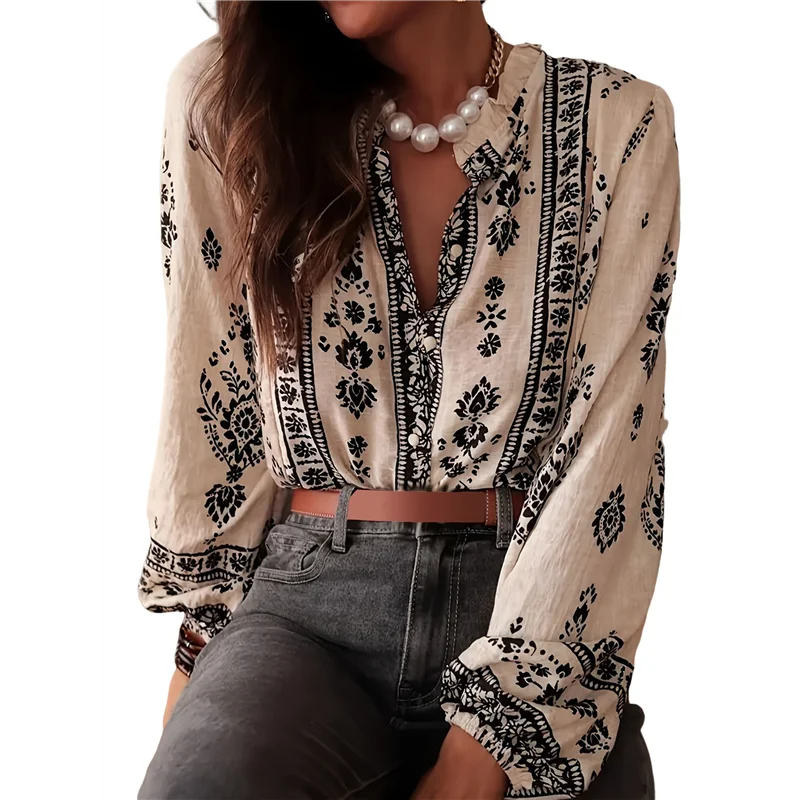 

ABRT-Women's Casual V-Neck Floral Print Chiffon Shirt Long Sleeve Bohemian Spring And Autumn Tops