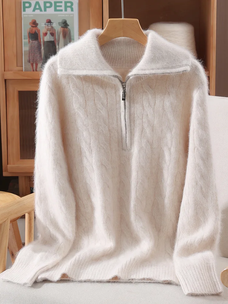 TLOML Maglione da donna in cashmere visone 100% colletto rovesciato pullover con mezza cerniera autunno inverno visone cashmere cavo maglieria top