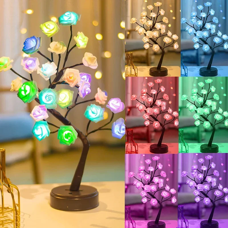 Maple Leaf USB Night Light, Rose Tree Light, Fairy Tale Table Light, Festa em casa, Natal, Casamento, Decoração do quarto, 24LED, Novo