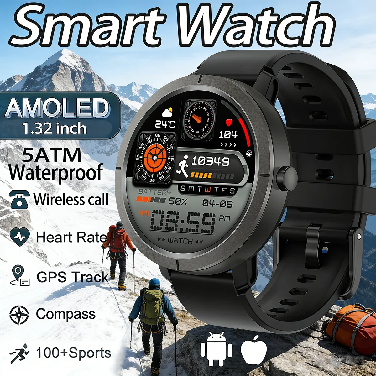 

GPS Smartwatch 1.32" AMOLED Display 200 Watch Faces Bluetooth Call 5ATM Waterproof 170 Sport Modes Compass Barometer Altitude