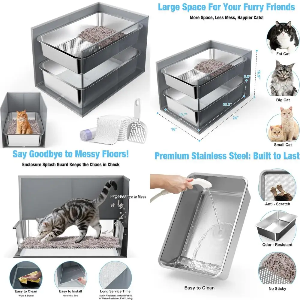 

High-Sided Stainless Steel Litter Box with Enclosure and Splash Guard for Large Cats and Multi-Cat Households