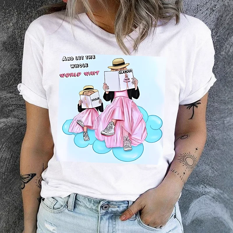 Mother's Day Theme Mother Daughter European and American Design Sense of Top Woman Graphic T Shirts  Summer polyester fabric