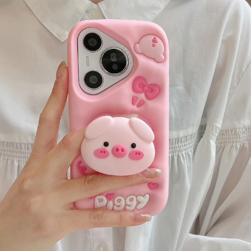 

Soft Silicone Phone Cover, Korean Pop ins Cartoon Pig Fold Holder, 3D Case for Xiaomi Note 13 Pro, 4G, Redmi 13C