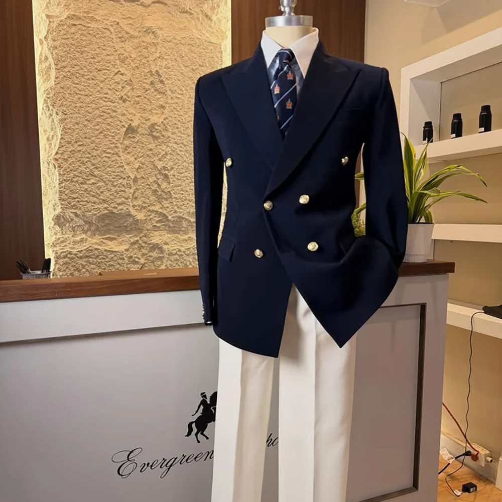 Timeless Classic Men Navy Blue Double Breasted Suit Matching White Trousers Tailored Wedding Groom Business Formal Outfit