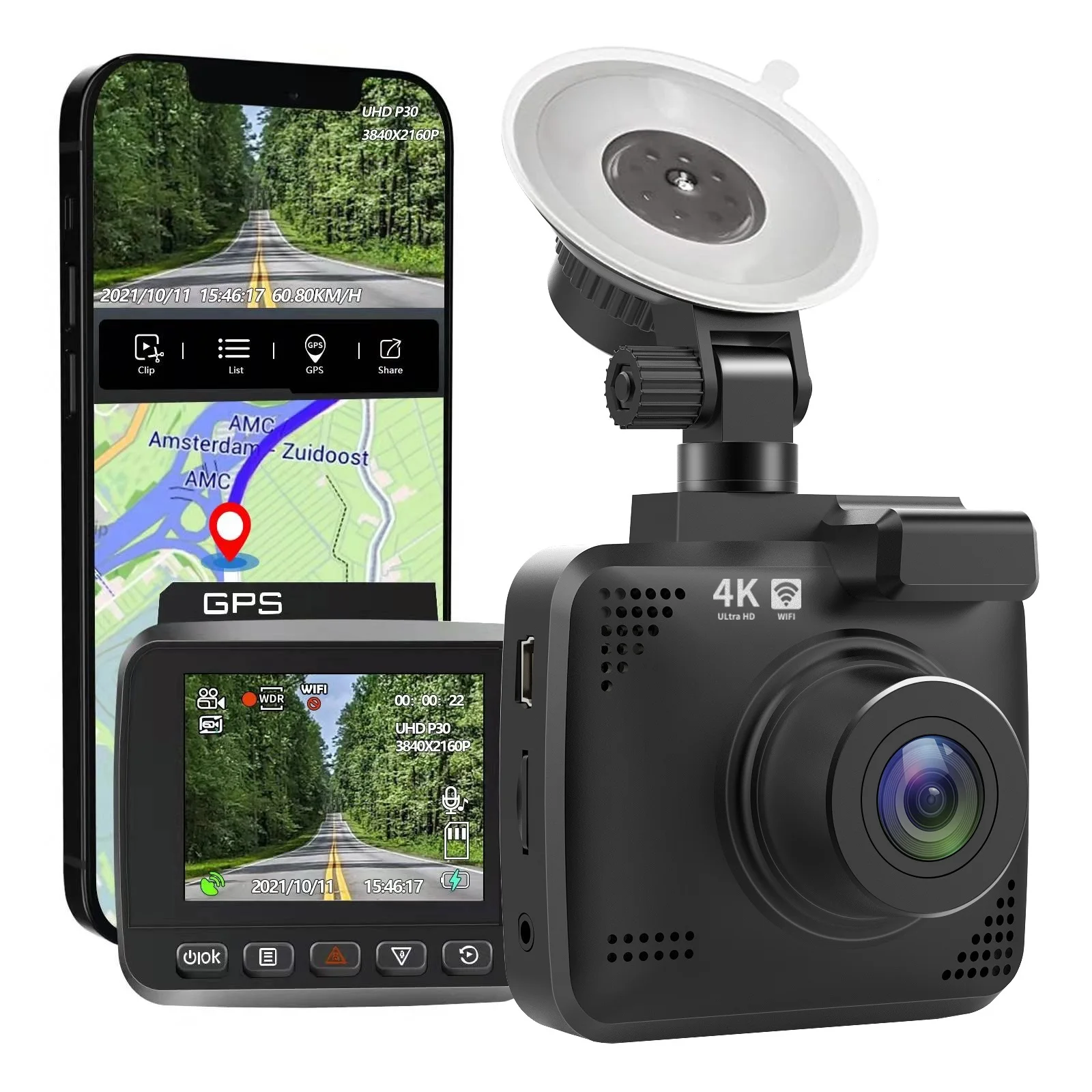 

4K Dash Cam Dual Lens UHD RecordingCar Camera DVR Night Vision GPS Wi-Fi G-Sensor Motion Detection Car Video Recorder 1080P Rear