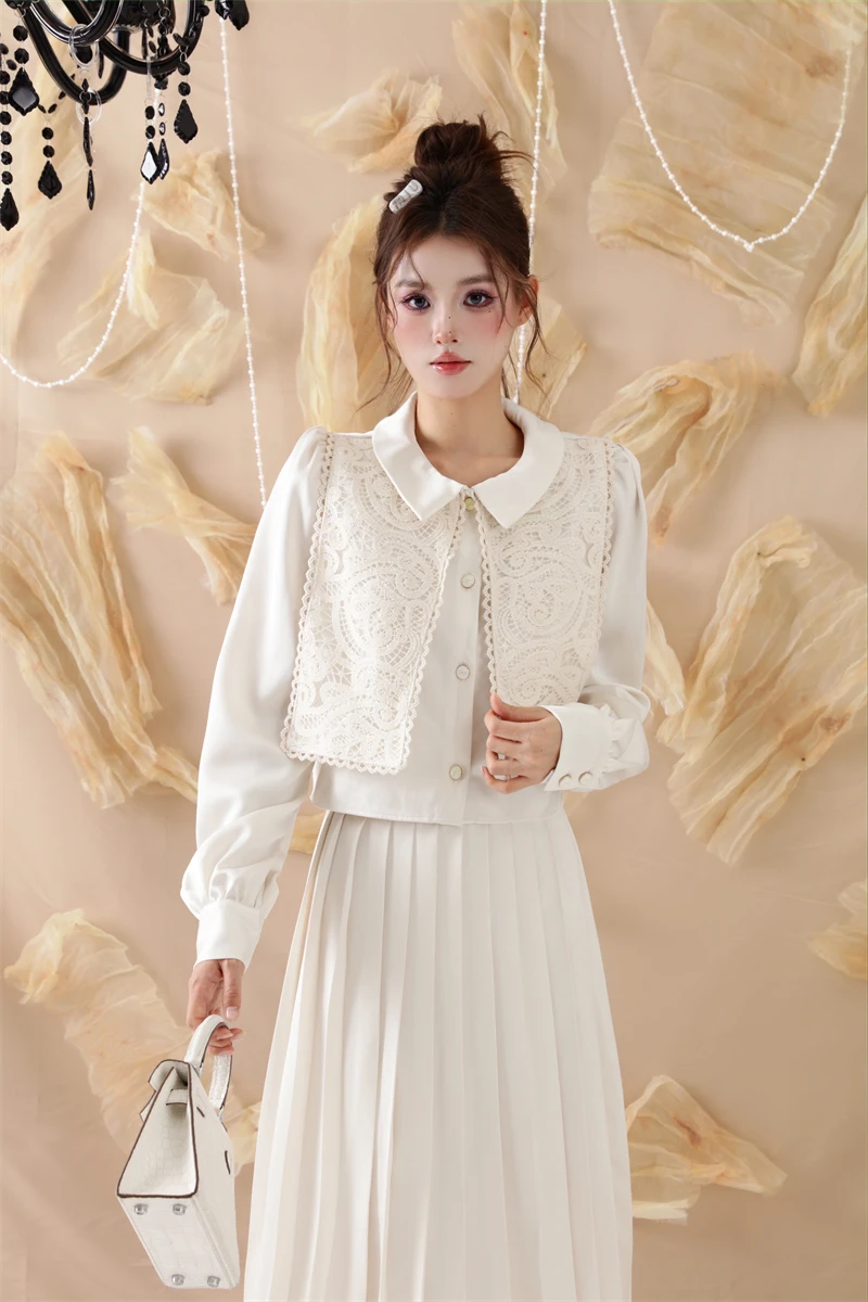 

White Lace Coat with Court Style Design Sense Pleated Skirt High-End Temperament Commuting Set Women Female Office Lady Set New