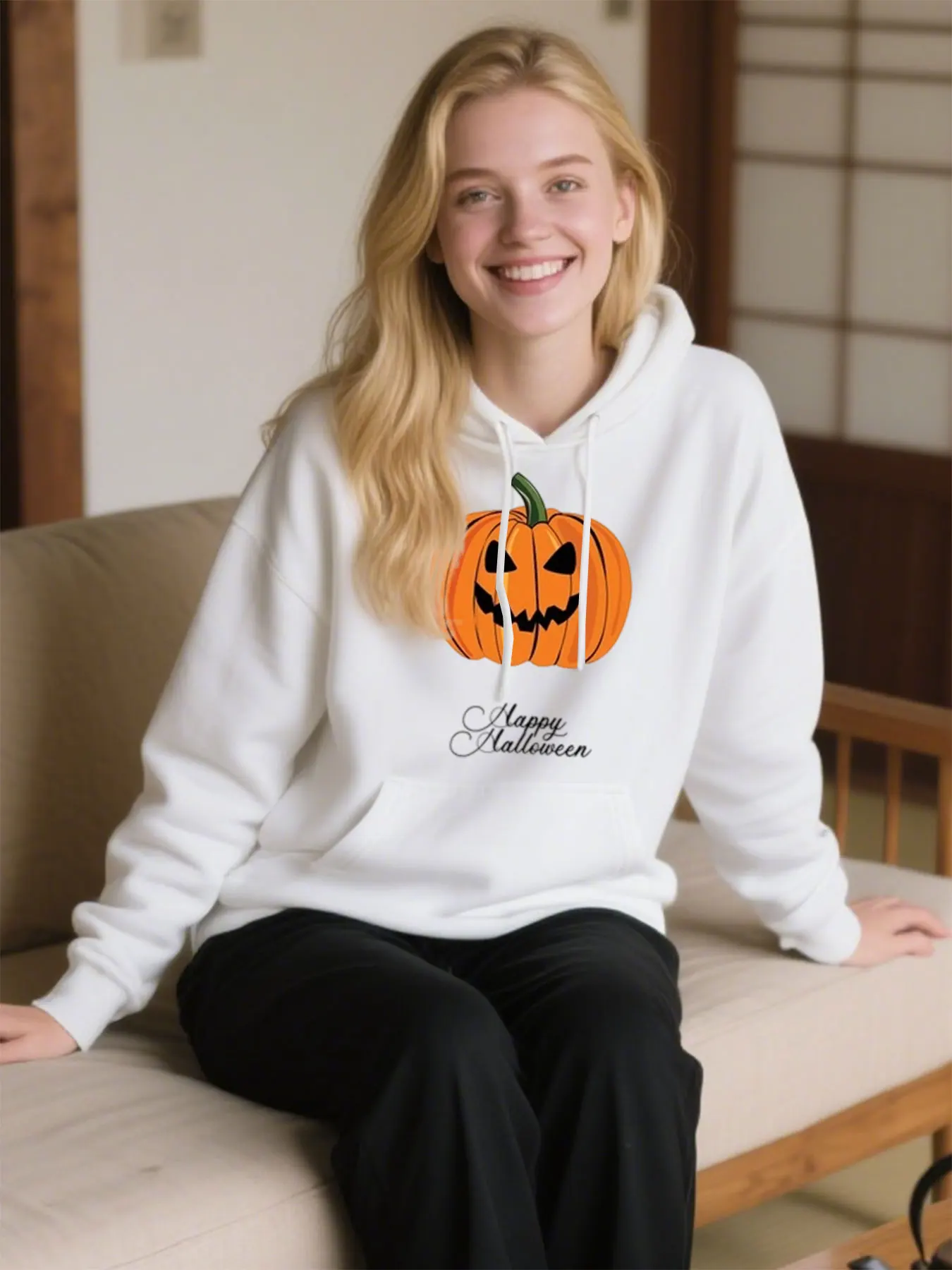 

Comfy Cotton Hoodie With "Happy Halloween" Pumpkin Print, Perfect For Fall Festivities