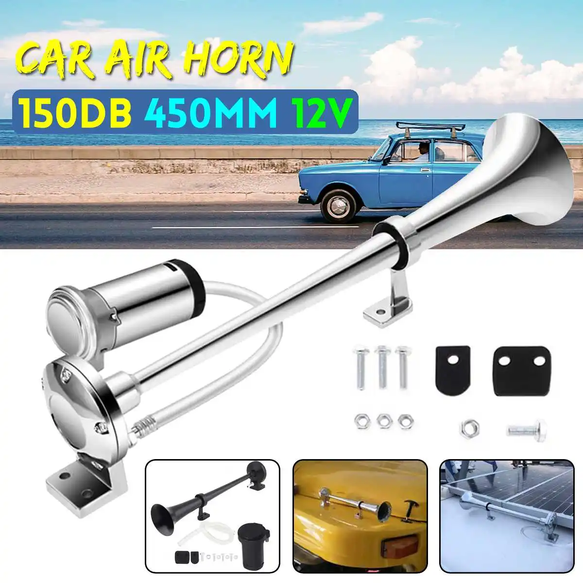 12V Car Air Horn Super Loud Universal 150DB Single Trumpet Compressor 17 Inch 180 Hertz Horn For Car Truck Boat Motorcycle