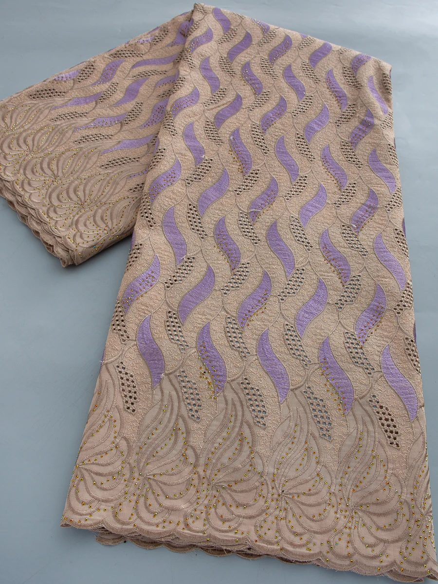 

Delicate Beige & Purple Cotton Lace Fabric, Swiss Voile Lace with Rhinestones for African Bridal Gown & Wedding Dress Making