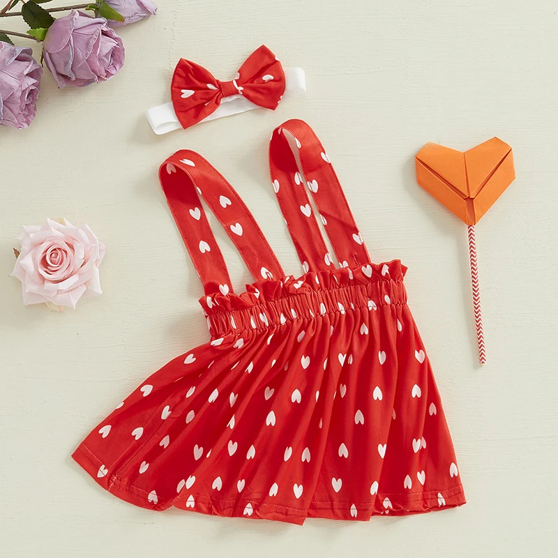 Newborn Baby Girls Valentines Day Clothes Sets Heart Print Suspender Skirt Headband Sets Skin Friendly Hot Sale