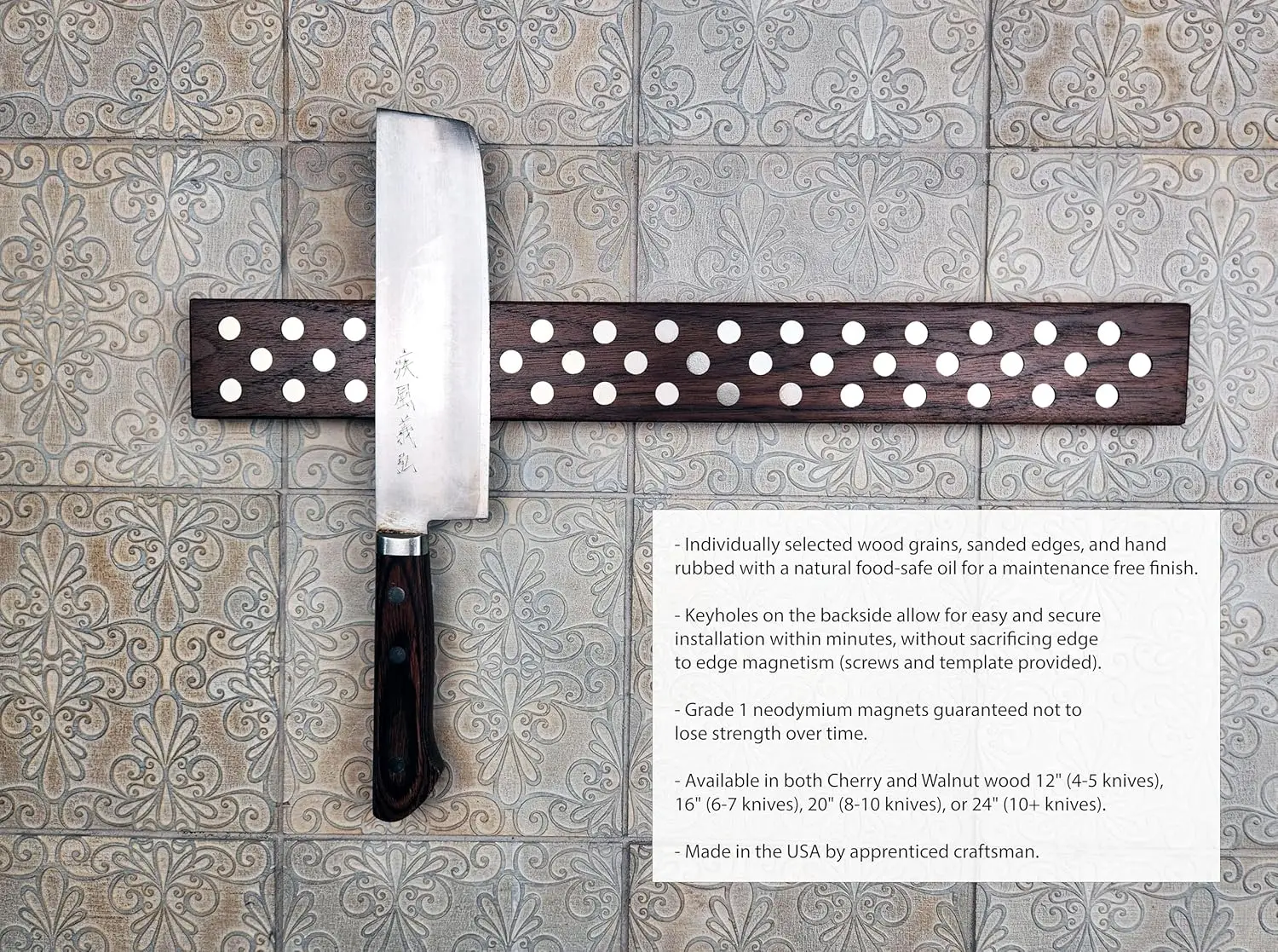Tira magnética de suporte de barra de faca de madeira, cereja ou nogueira, 12, 16, 20, ou 24 polegadas (16 polegadas, nogueira)