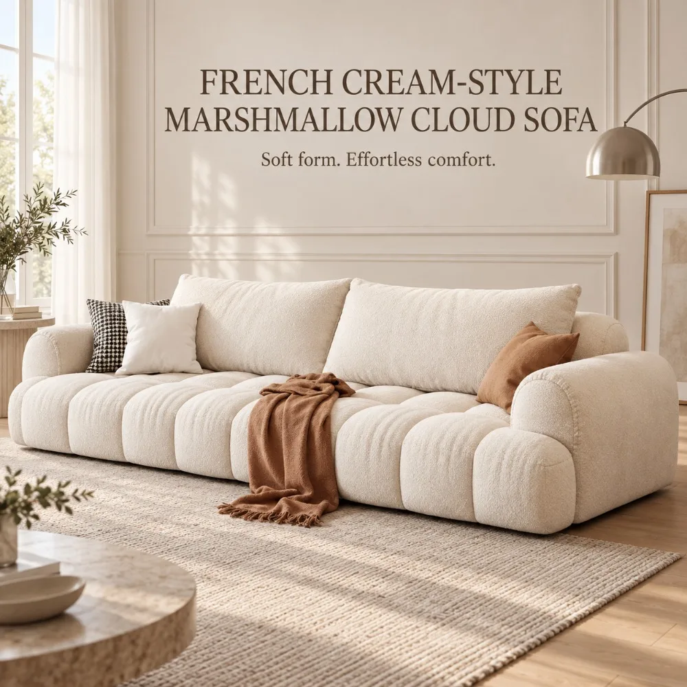 French Cream‑Style Marshmallow Cloud Sofa, Scratch‑Resistant Cat‑Proof Fabric Puffy Fabric Couch for Modern Living Room