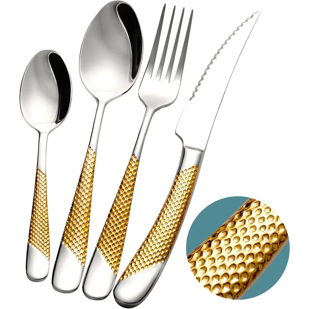 

16-Piece Hammered Silver Gold Flatware Set, Modern 18/10 Stainless Steel Kitchen Utensils for 4