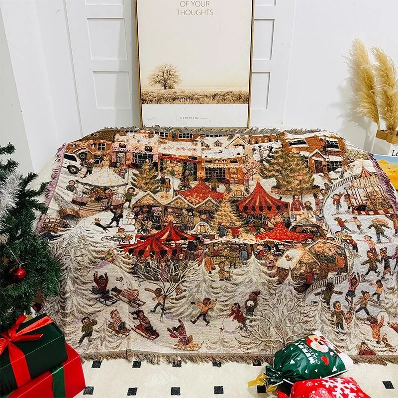 Christmas Town Sofa Blankets Towel decorative knitted tapestries Bedspread Landscape Blanket for Sofa Bed with Tassels for Gift