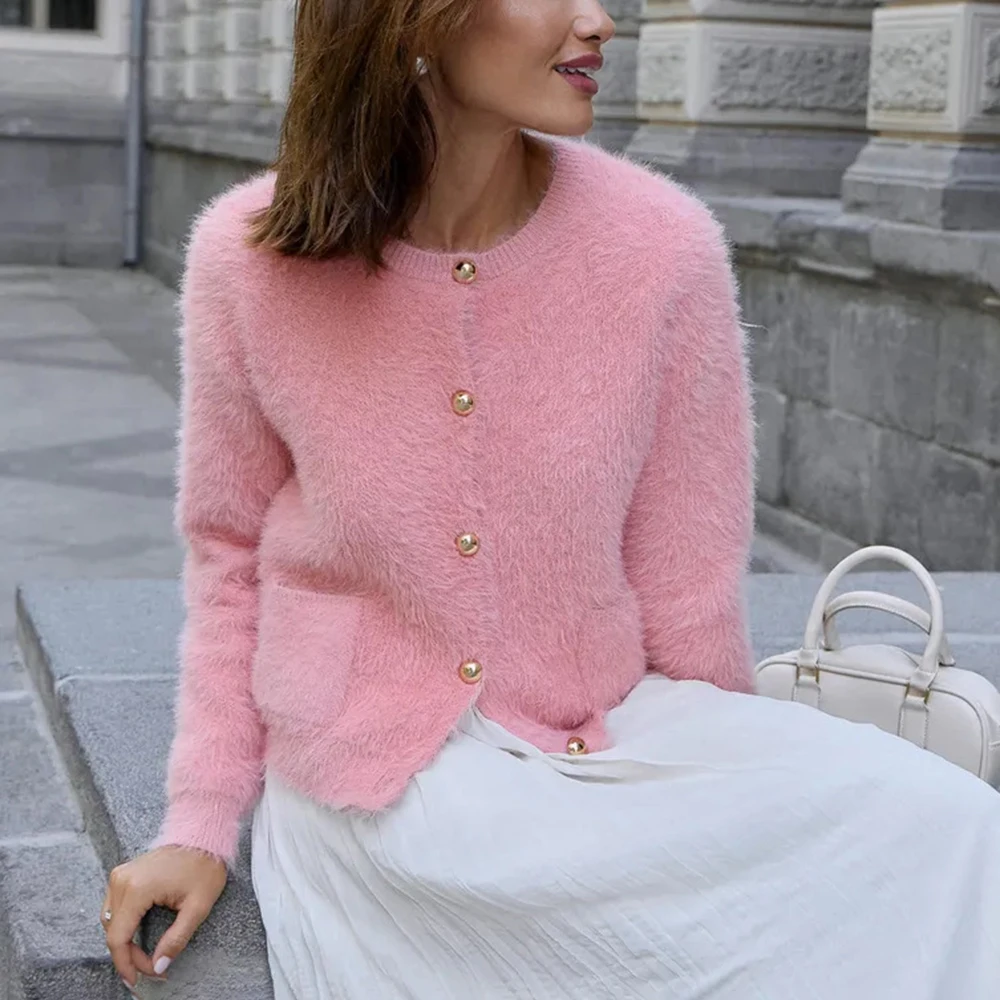 Talenza Autumn Women Cardigan Fashion Solid Casual Loose Knitted Top Chic Streetwear Knitted Long-sleeved Cardigan Women Outfits