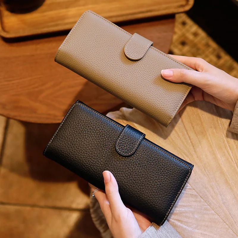 2025 New Women's Top-Grain Leather Long Wallet & Phone Clutch | Solid Color Multi-Card Mini Handbag | Slim Everyday Carry