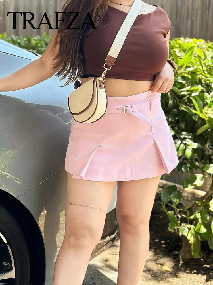 

TRAFZA 2024 Women Summer Chic Solid Slim Sashes Shorts Skirts Female Mid Waist Zipper Belt Decoration Casual Shorts Mujer TRAF