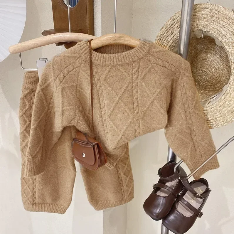 Children clothing autumn and winter trendy new style for girls fashionable solid color knitted sweater and pants set trendy