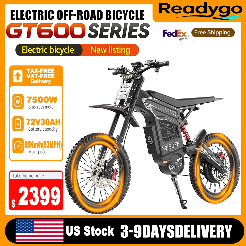 

Электромотоцикл Readygo EKXBIKE BIBUFF GT600 - 7500W бесщеточный двигатель, аккумулятор 72V30AH, максимальная скорость 85 км/ч, внедорожный электробайк для взрослых.