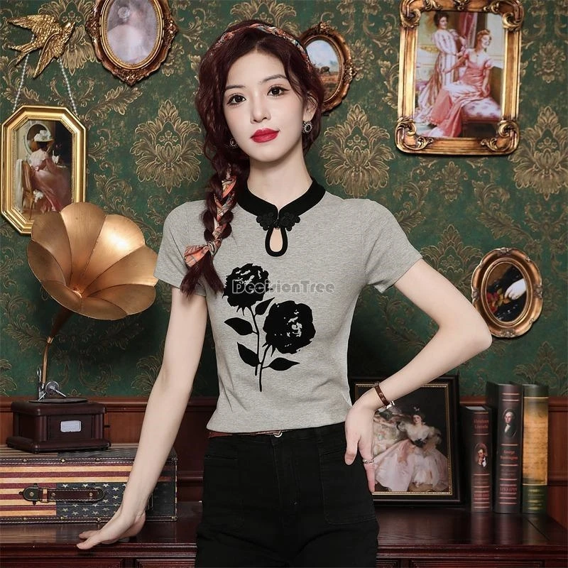 

2024 популярная модная универсальная женская блузка в китайском стиле, элегантный топ qipao с воротником-стойкой и вырезами, повседневный топ с шикарным принтом