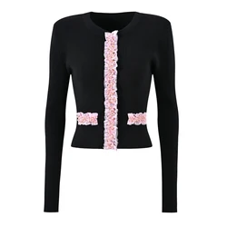 SML Spot Spring and Autumn 2024 New Long Sleeve Short Round Neck Beaded Lace Top Fashion Jacket Knitwear Women