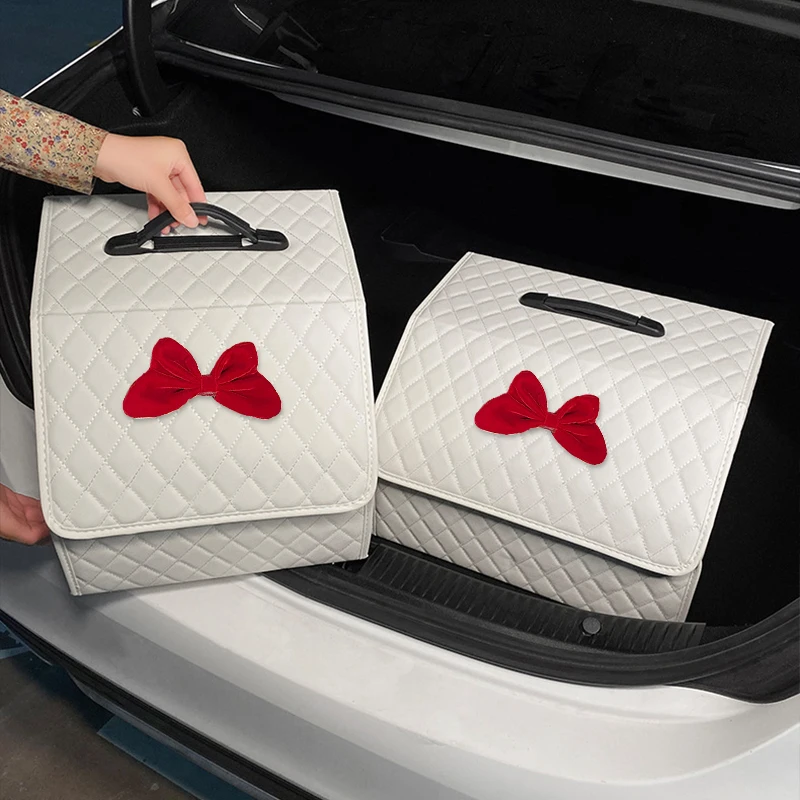 Red Bowknot Car Storage Box White PU Leather Waterproof Car Trunk Organizer Large Capacity Women's Auto Tools Stowing Tidying