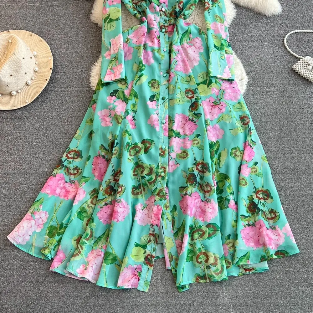 Catwalk Groen Bloemenprint Lange Herfstjurk Elegante Nieuwe Dames Revers Single Breasted Bloem Chiffon Vakantie Maxi Vestidos