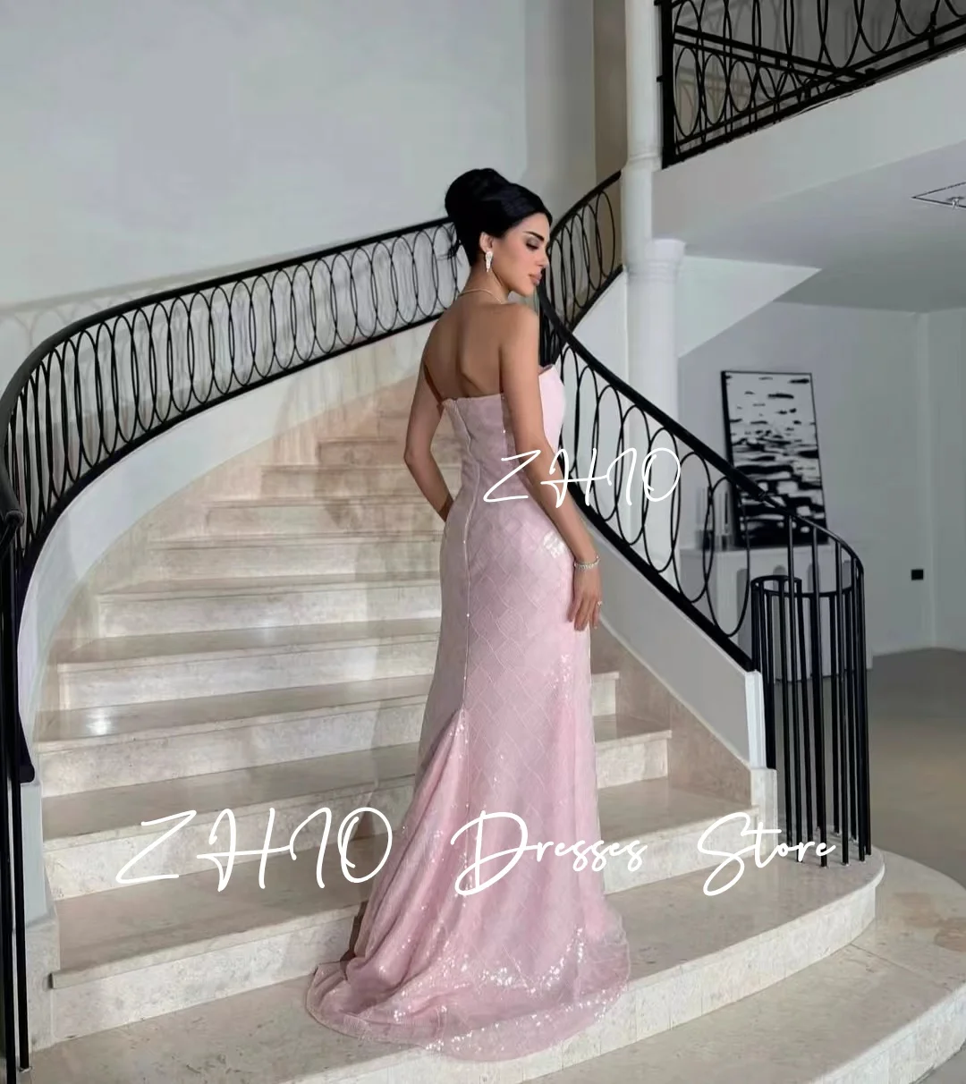 ZHIO-vestidos de noche de lentejuelas rosas exquisitos, sin tirantes, corte en A, tren de barrido, Arabia Saudí, vestido Formal para ocasión, vestido de fiesta personalizado
