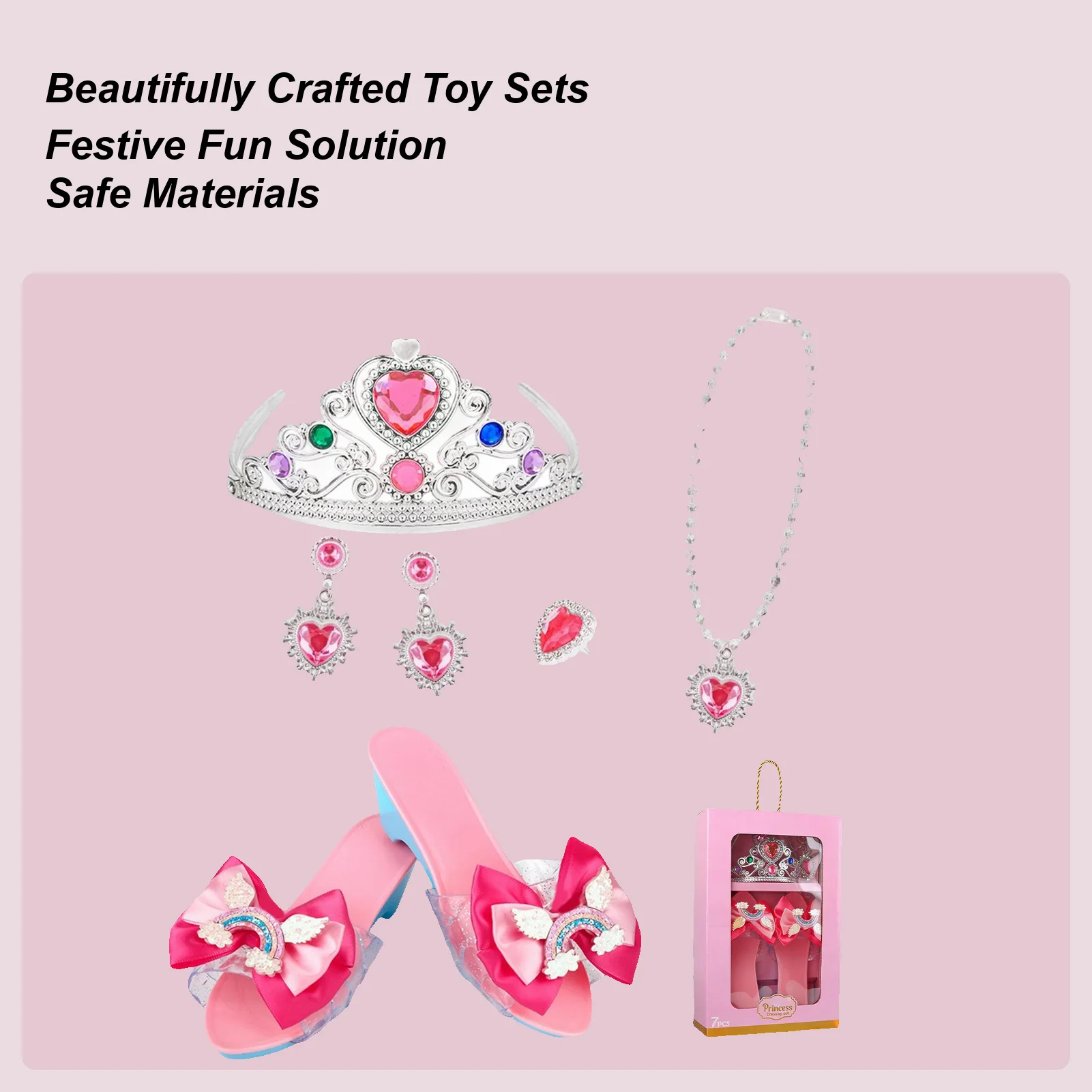 ドレスアップジュエリー5点セット-女の子用ロールプレイキット-プリンセスドレスアップシューズセット-お遊び-誕生日-ハロウィン-ホリデー-レシタル-学校用
