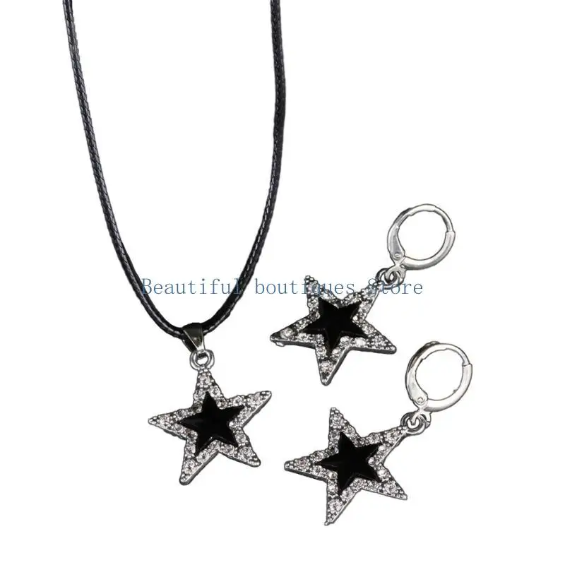 U4LF Trendy Streetwear Set of Star Ear and Necklace Unique Neckchain and Ear Hooks Adornment Star Pendant Choker Ear Pendant