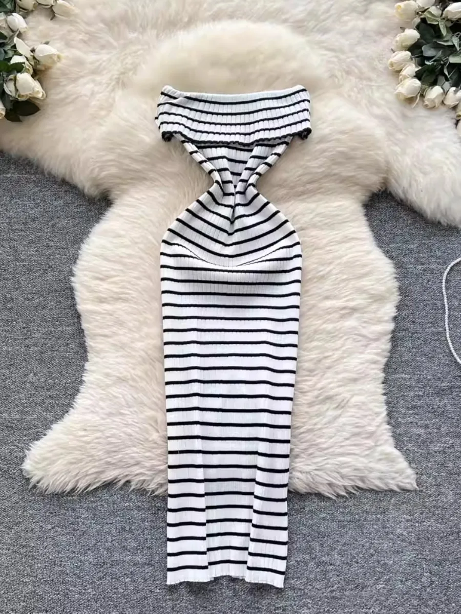 Foamlina lapela bustier listrado vestido feminino verão sexy quente menina emagrecimento fora do ombro sem mangas bodycon vestidos de malha