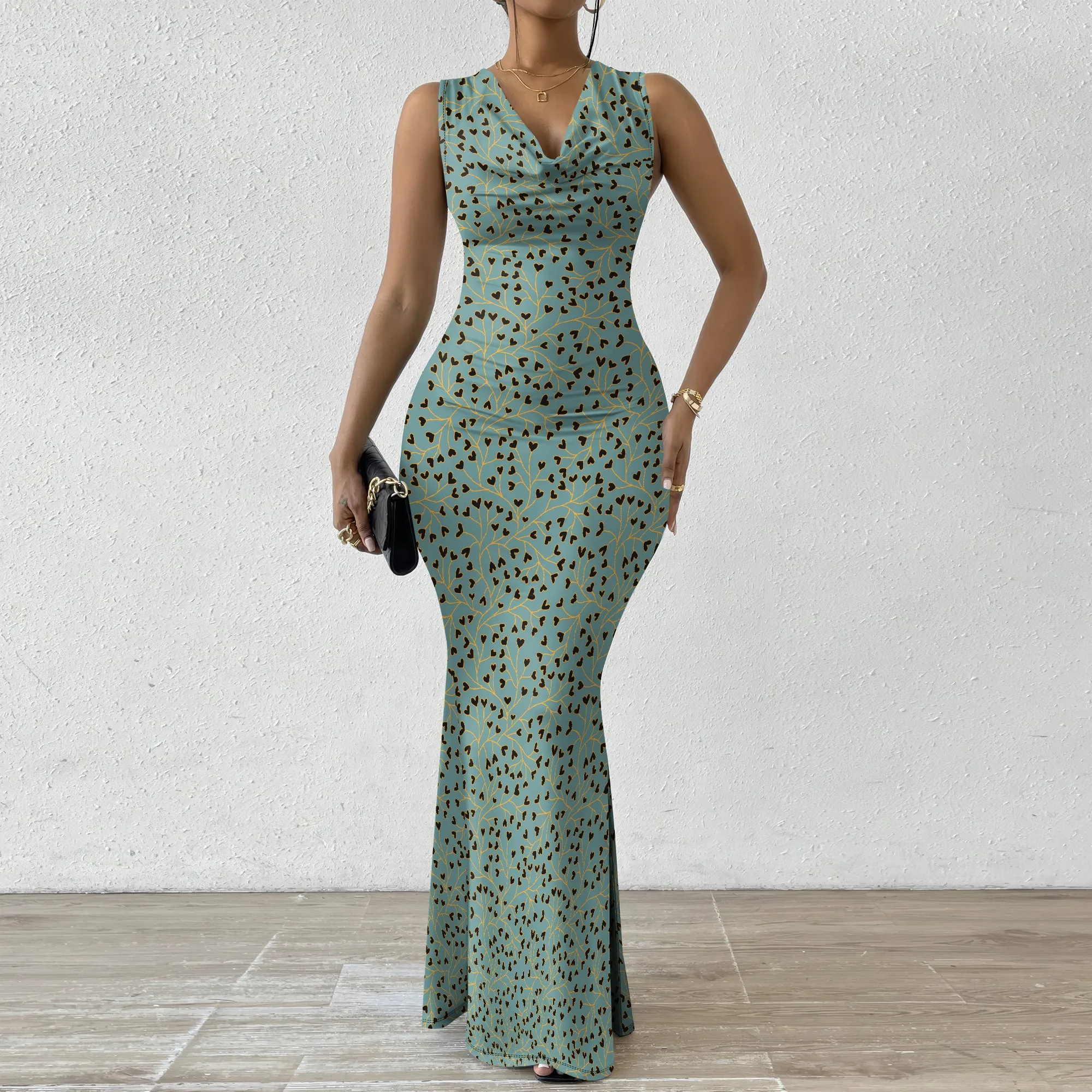 

Women's Mermaid Dress Fitted Cowl Neck Fishtail Dress XS-2XL Heart Print for Beach Vacation Music Festival