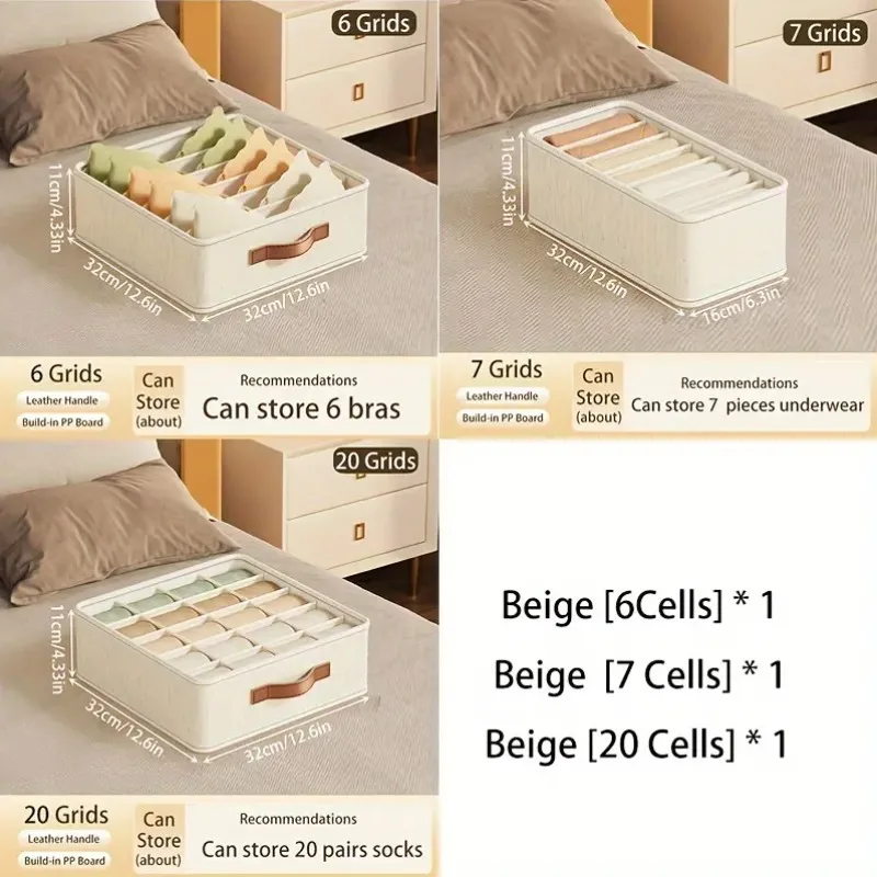 1/2 ชิ้น Beige ลิ้นชักพับได้ STACKABLE ถังเก็บผ้าถุงเท้าชุดชั้นใน Bras อุปกรณ์เสริมตู้เสื้อผ้าจัดเก็บ