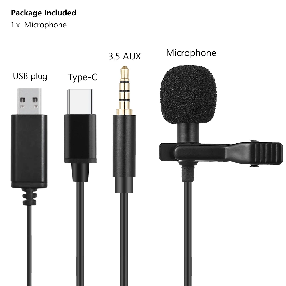 Portable 1.5m Mini Microphone Condenser Clip-on Type C 3.5mm Microfone Wired USB Lavalier Professional Micro Mic For DSLR Camera