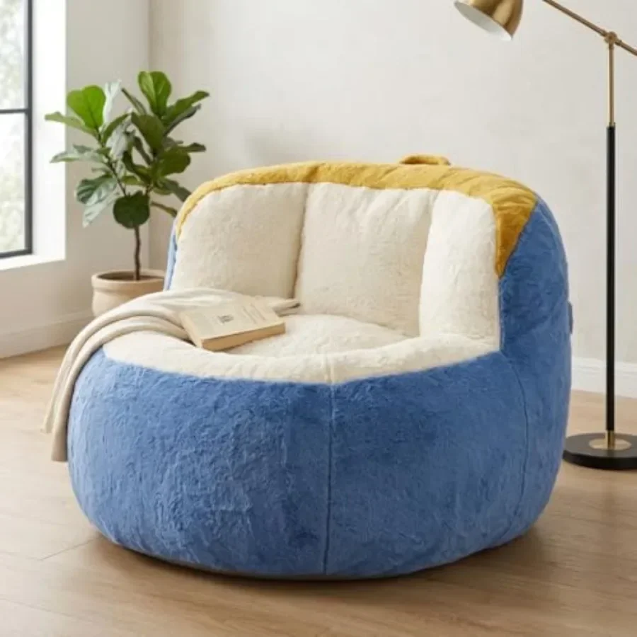 Oversized Bean Bag Chair for Adults - Giant Plush Lounge Sofa with Faux Fur Cover, Indoor Use, Polyester-Fleece Blend, Cream, U