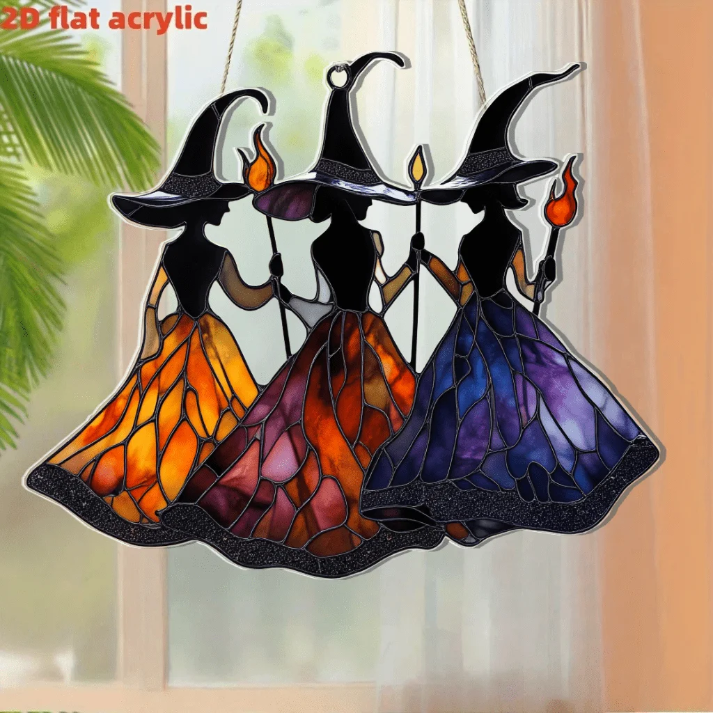2D Flat Acrylic Sun Catcher with Witch Trio on The Back,Window Hanging, Perfect for Indoor/Outdoor Decoration, Room Decoration