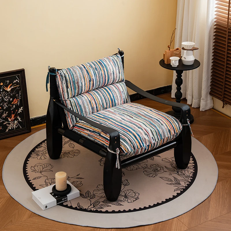 

Baseball chair French retro single sofa chair Solid wood designer home living room striped fabric single leisure chair