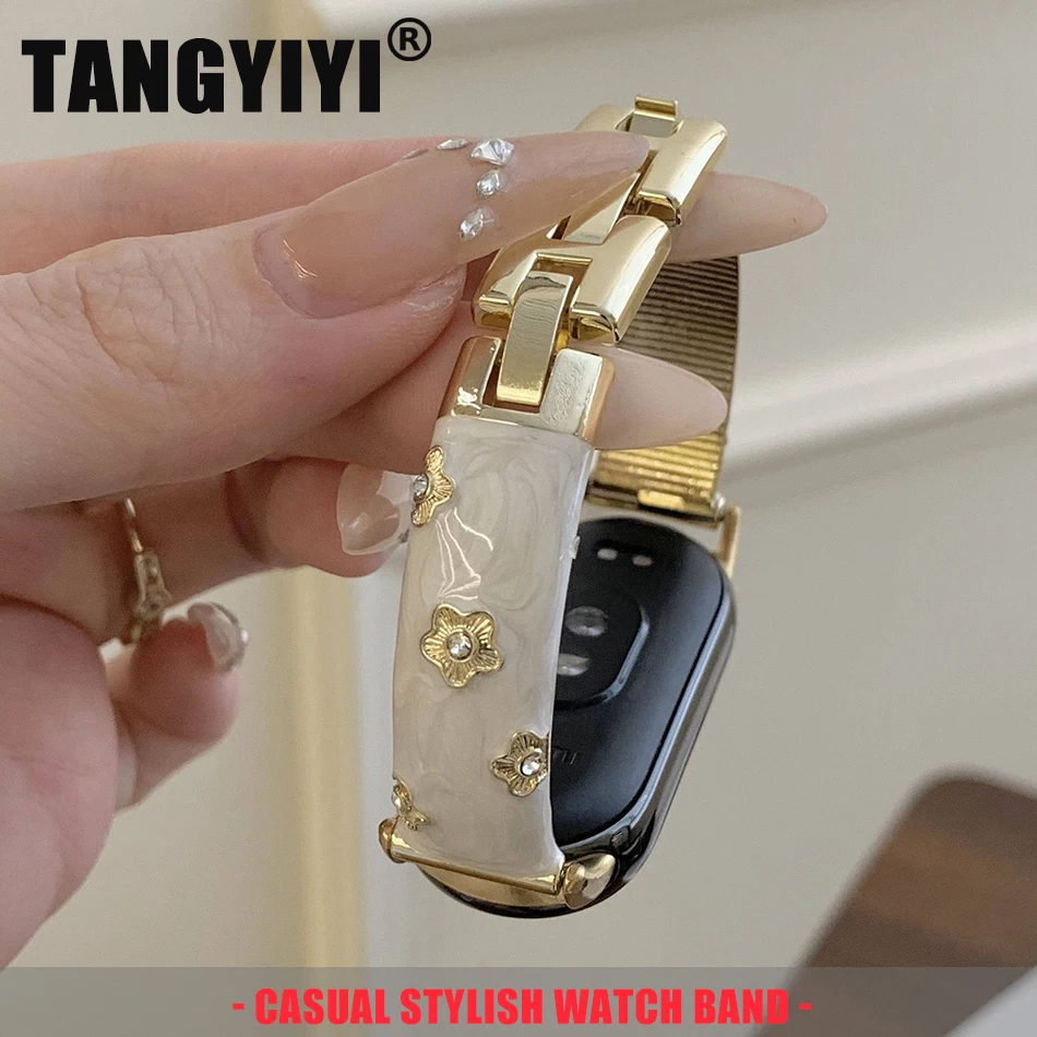 

Роскошный металлический браслет-ремешок с цветами и стразами из эпоксидной смолы для Xiaomi Mi Band 10 9 8 Pro, замена ремешка для часов