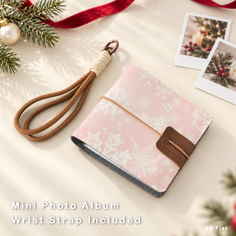 Christmas Pink Snowflake Pattern Mini Photo Album Portable 3 Inch Photo Card Holder With Detachable Wrist Strap Holiday Keepsake
