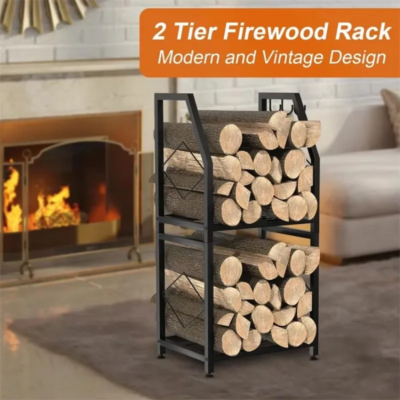 Bestseller Double-layer Iron Black Firewood Rack, Rectangle, Hangable for Stove Tools, Indoor/Outdoor Firewood Rack