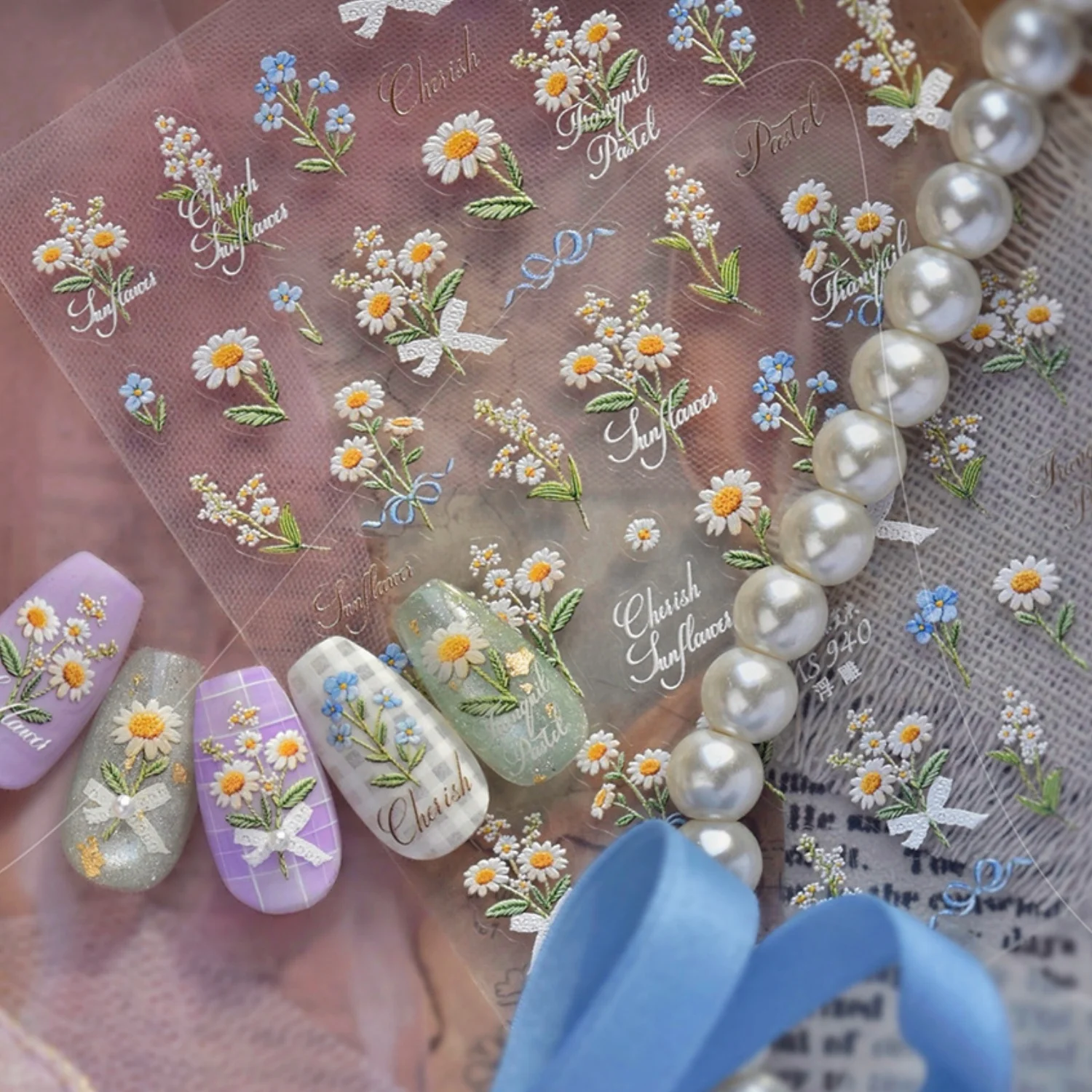 5D Spring Forest Nail Decals Daisy Forget Me Not Flower Bow Pastoral Ballet Style 5D Self Adhesive Nail Stickers Sweet Girl DIY