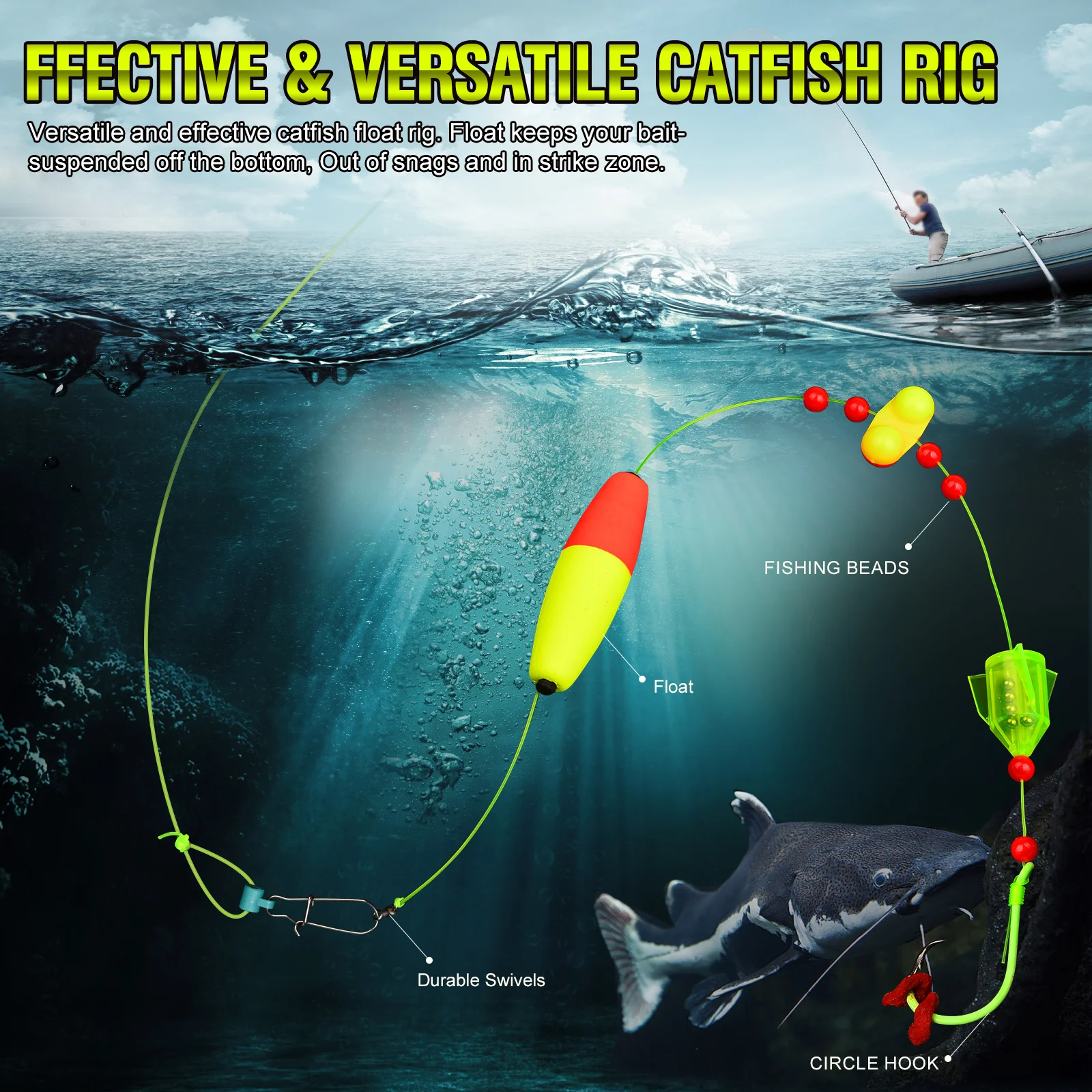 PROBEROS 5 Stück Wels-Schwimmer-Rigs mit Rattler, 6/0–10/0 Haken, geräuschziehende Welsangenausrüstung zum Angeln im Süßwasser – Detail 4