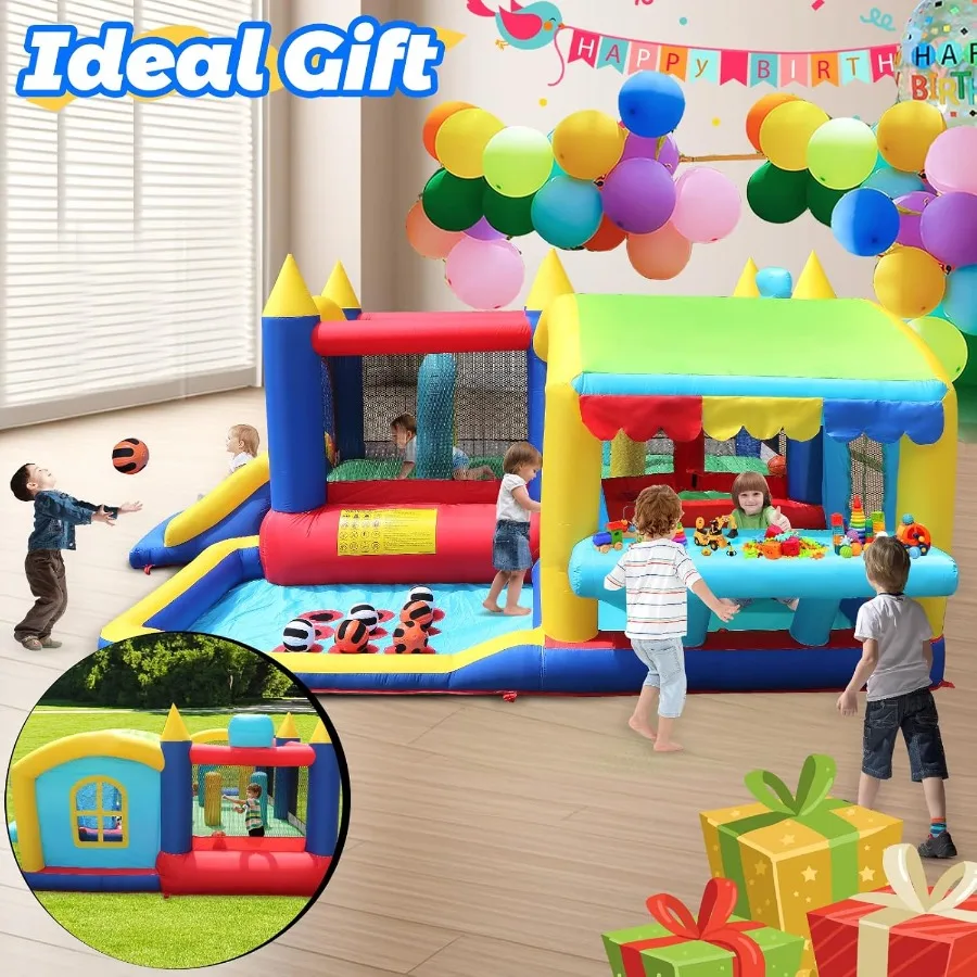 Casa rimbalzante gonfiabile con scivolo 13,42x10,5x6,07FT Castello gonfiabile con ventilatore Supporto per mercato giocattolo TictacToe Area di salto Basketba