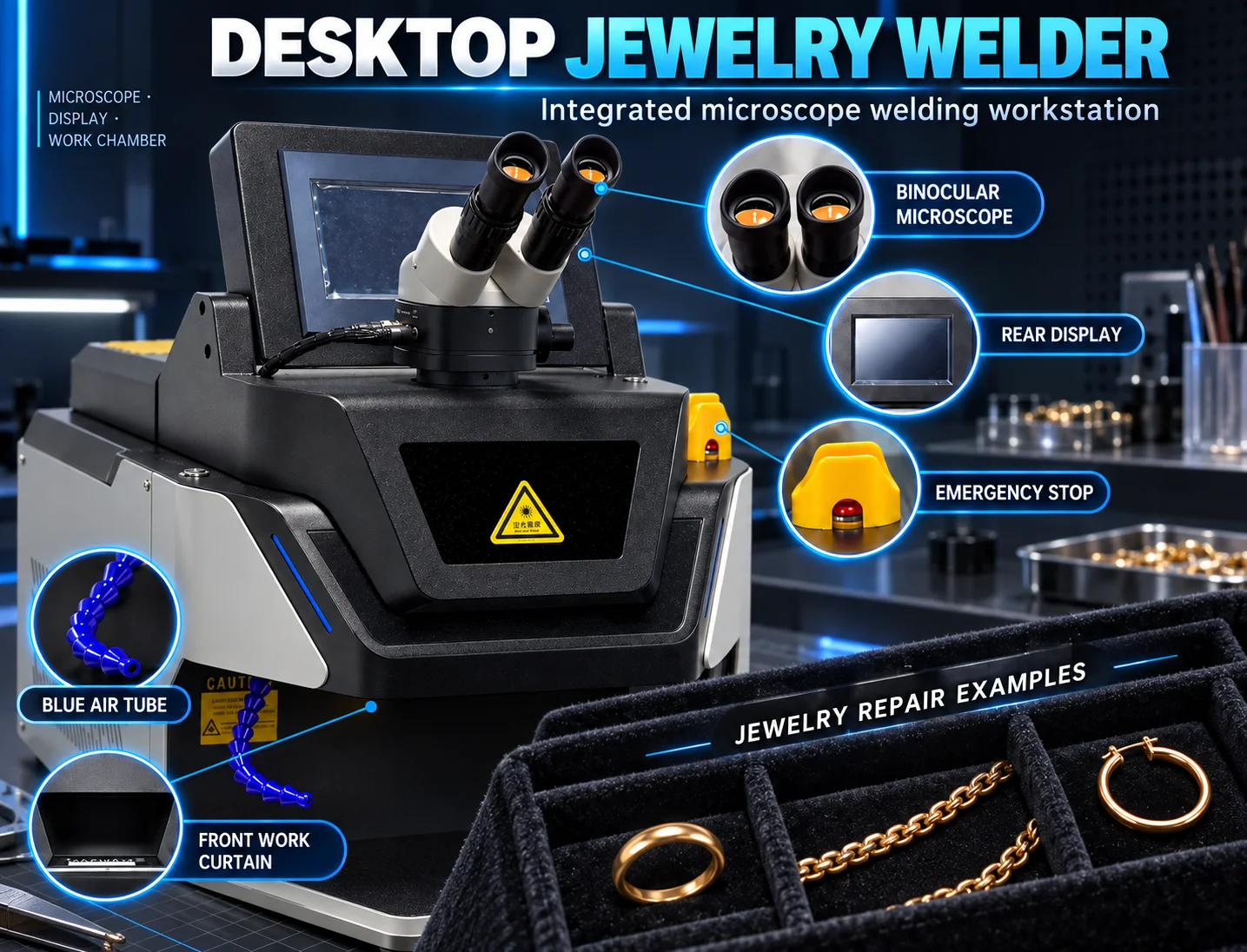 Benchtop Jewelry Repair Laser Welder with Rear Tilting Display, Binocular Microscope, Blue Air Tube and Vented Side Housing