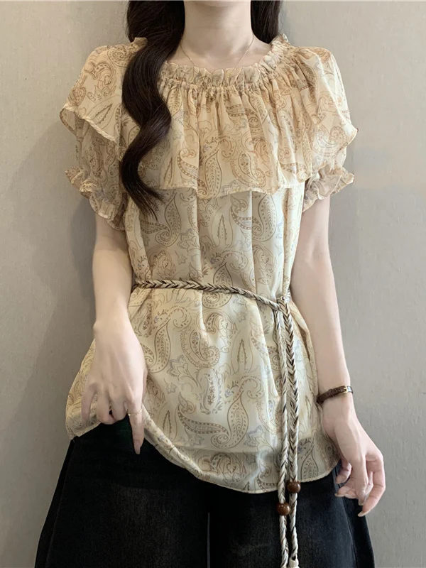 

Beach Bohemian Women's Short Sleeve Drawstring Waist Floral Shells Sequin Top Korean Style Loose Fit Summer New Arrival