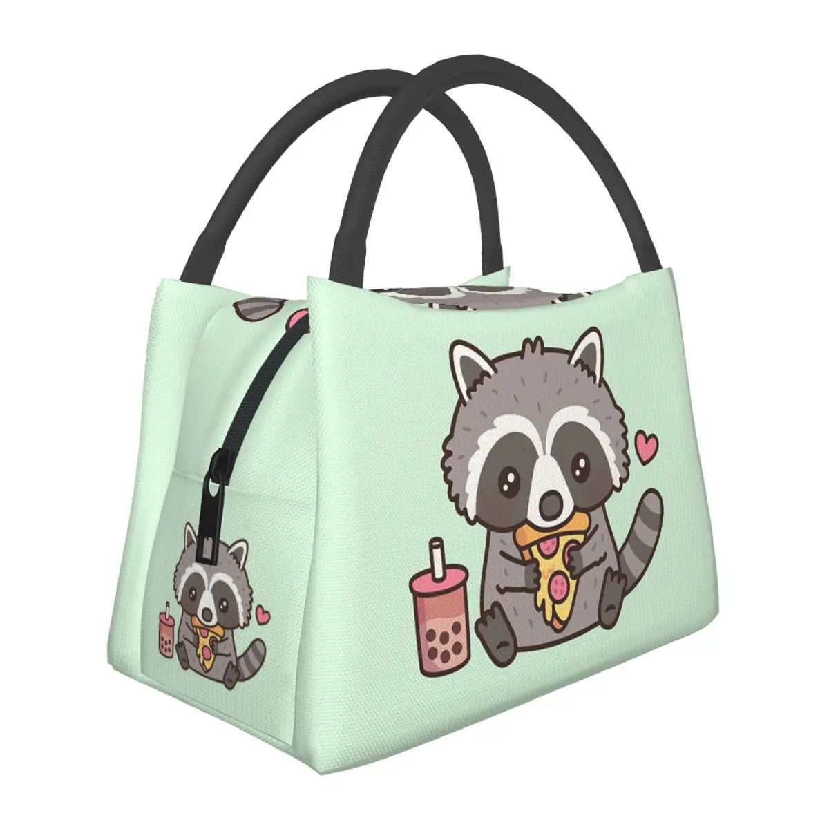 Cute Raccoon Love Eating Pizza Lunch Bags Insulated Bento Box Lunch Tote Picnic Bags Cooler Thermal Bag for Woman Student Travel