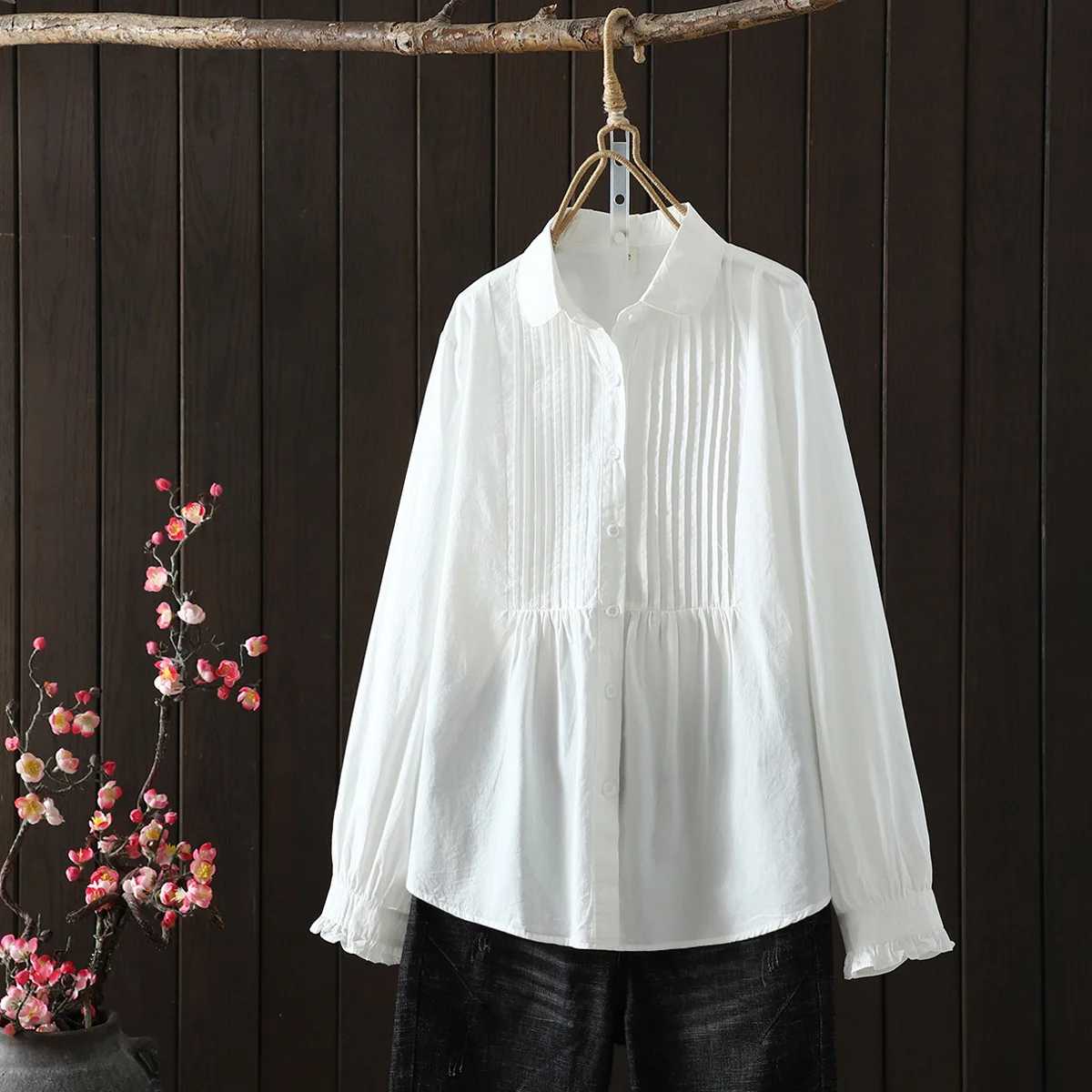 New 2025 Spring Cotton Long Sleeve Shirt, Women Turn-down Collar Folds, Mori Girl Simplicity OL Commute Loose Blouse T53716CC