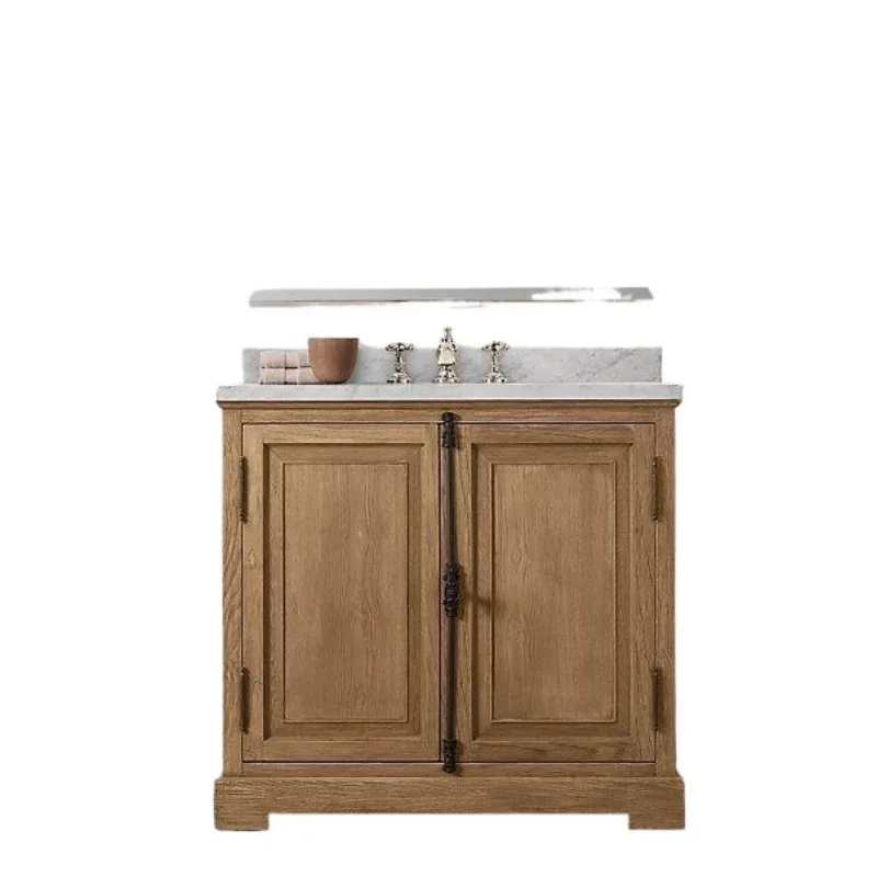 

American light luxury bathroom cabinet, old wood color, bathroom cabinet, French retro British washbasin, solid wood