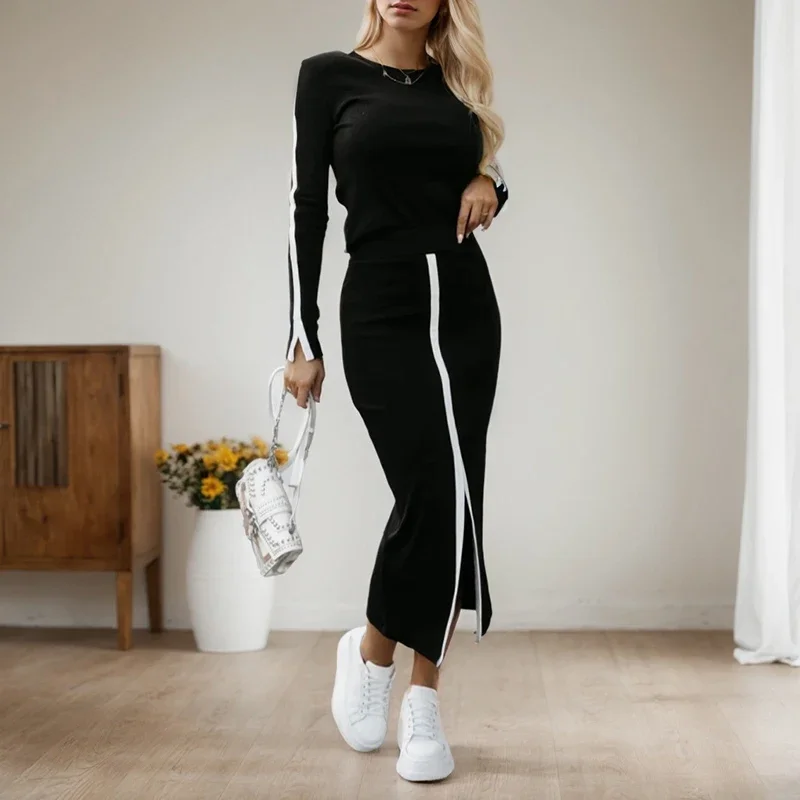 

Повседневные однотонные лоскутные женские костюмы для офиса, женские контрастные цвета, пуловер с круглым вырезом, топ и юбка с разрезом, комплект для женщин