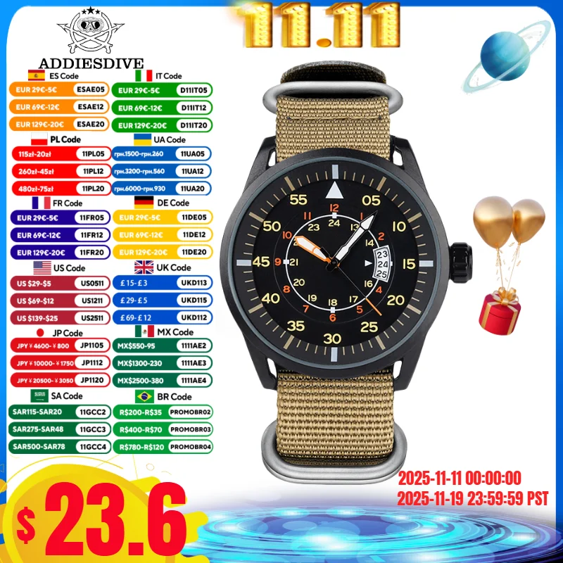 

ADDIESDIVE Men's Luxury Luminous Wristwatches Nylon Strap 50M Waterproof Date Quartz Watch Relog Reloj Hombre